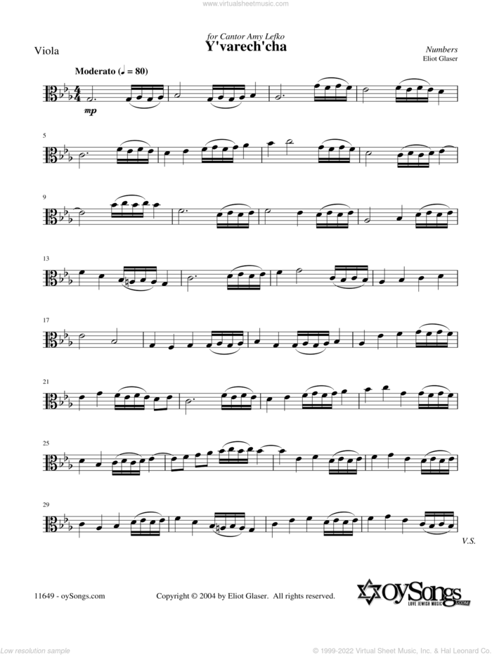 Y'varech'cha sheet music for viola solo by Eliot Glaser, intermediate skill level