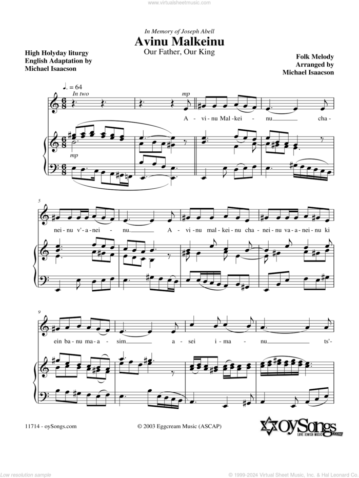 Avinu Malkeinu sheet music for piano solo by Michael Isaacson, intermediate skill level