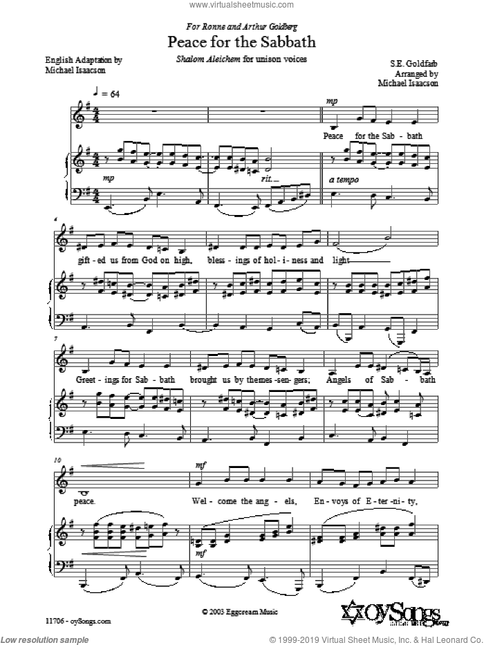 Peace for the Sabbath sheet music for voice and piano by Michael Isaacson and Samuel Goldfarb, intermediate skill level