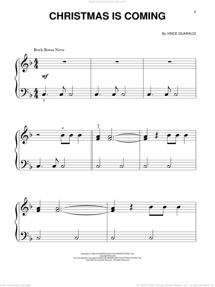 Christmas Is Coming, (beginner) sheet music for piano solo by Vince Guaraldi, beginner skill level