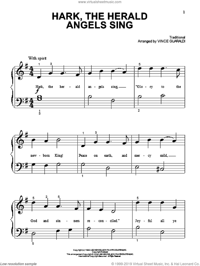 Hark! The Herald Angels Sing sheet music for piano solo by Vince Guaraldi, beginner skill level