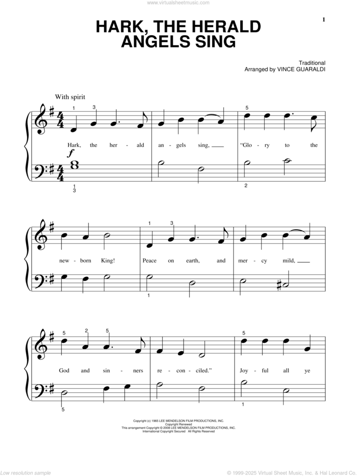 Hark! The Herald Angels Sing sheet music for piano solo by Vince Guaraldi, beginner skill level