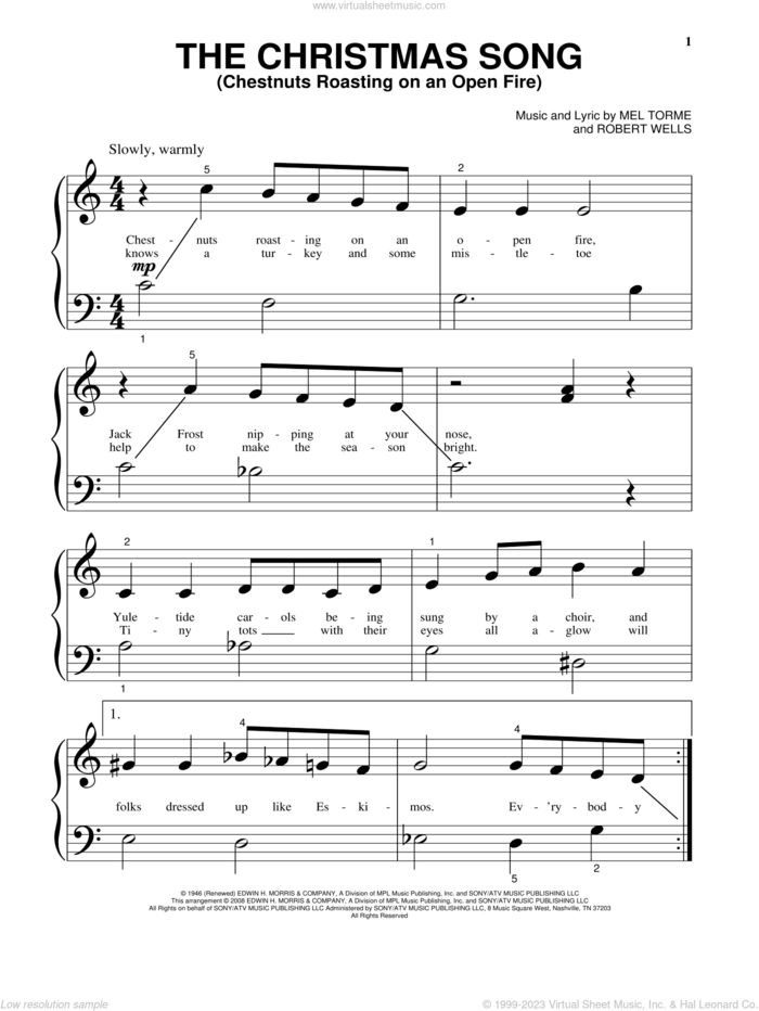 The Christmas Song (Chestnuts Roasting On An Open Fire) sheet music for piano solo by Vince Guaraldi, Mel Torme and Robert Wells, beginner skill level