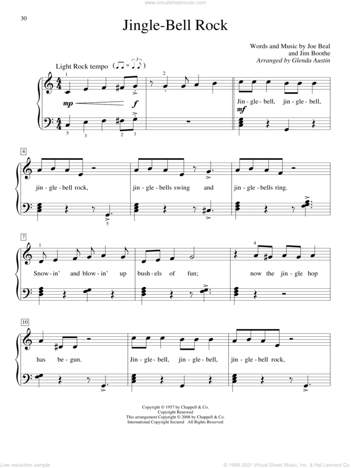 Jingle-Bell Rock sheet music for piano solo (elementary) by Bobby Helms, Glenda Austin, Jim Boothe and Joe Beal, beginner piano (elementary)