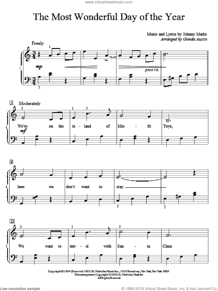 The Most Wonderful Day Of The Year sheet music for piano solo (elementary) by Johnny Marks, beginner piano (elementary)