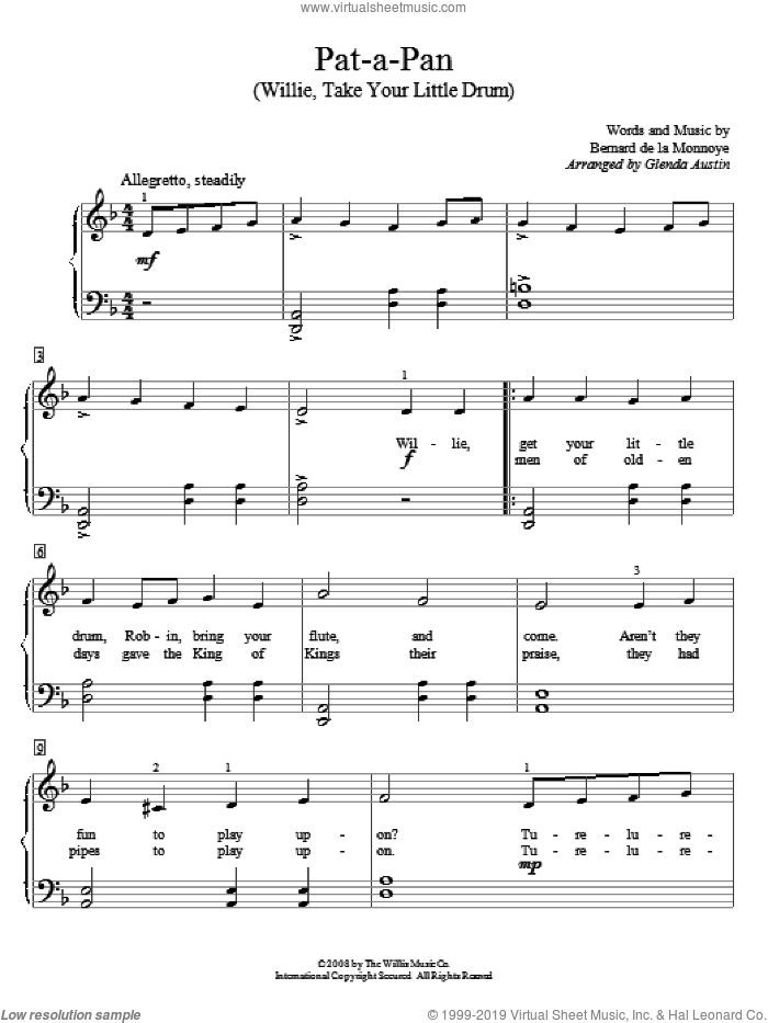 Pat-A-Pan (Willie, Take Your Little Drum) sheet music for piano solo (elementary) by Bernard de la Monnoye, beginner piano (elementary)