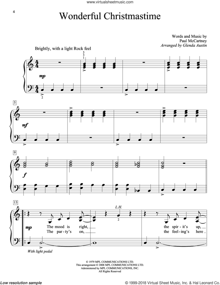 Wonderful Christmastime, (beginner) sheet music for piano solo (elementary) by Paul McCartney and Glenda Austin, beginner piano (elementary)