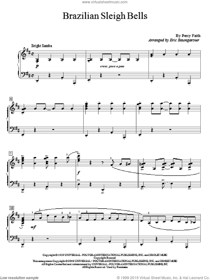 Brazilian Sleigh Bells sheet music for piano solo (elementary) by Percy Faith, beginner piano (elementary)