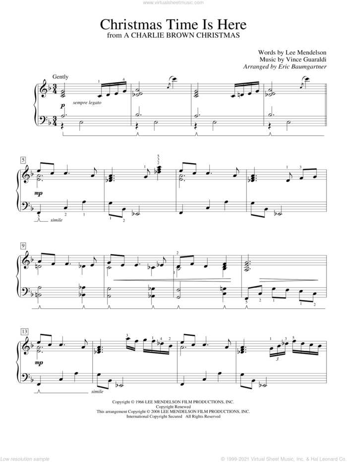 Christmas Time Is Here sheet music for piano solo (elementary) by Vince Guaraldi and Lee Mendelson, beginner piano (elementary)