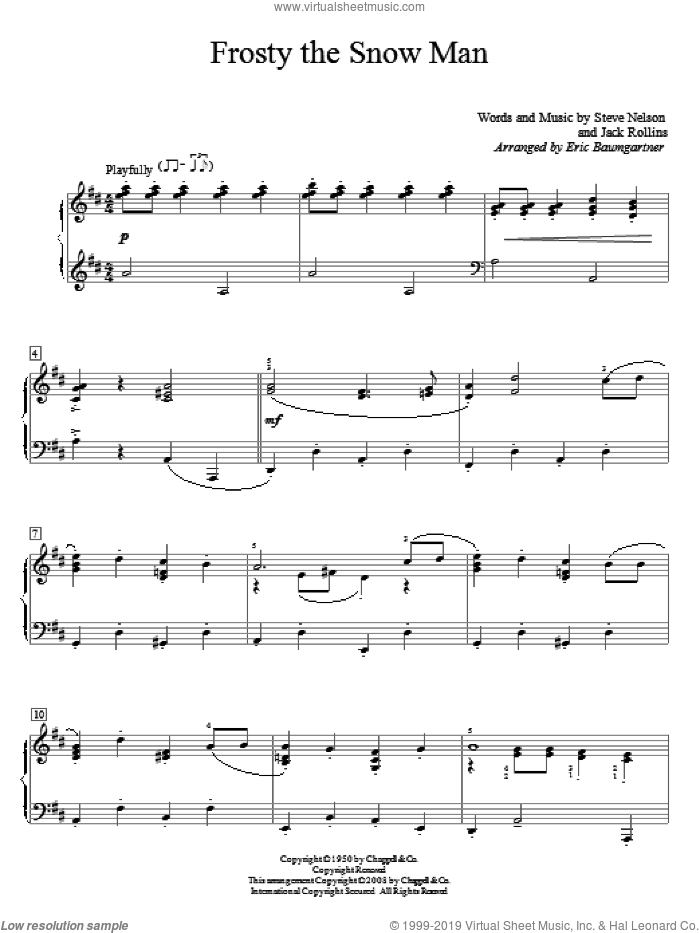 Frosty The Snow Man, (beginner) sheet music for piano solo (elementary) by Gene Autry, Eric Baumgartner, Jack Rollins and Steve Nelson, beginner piano (elementary)
