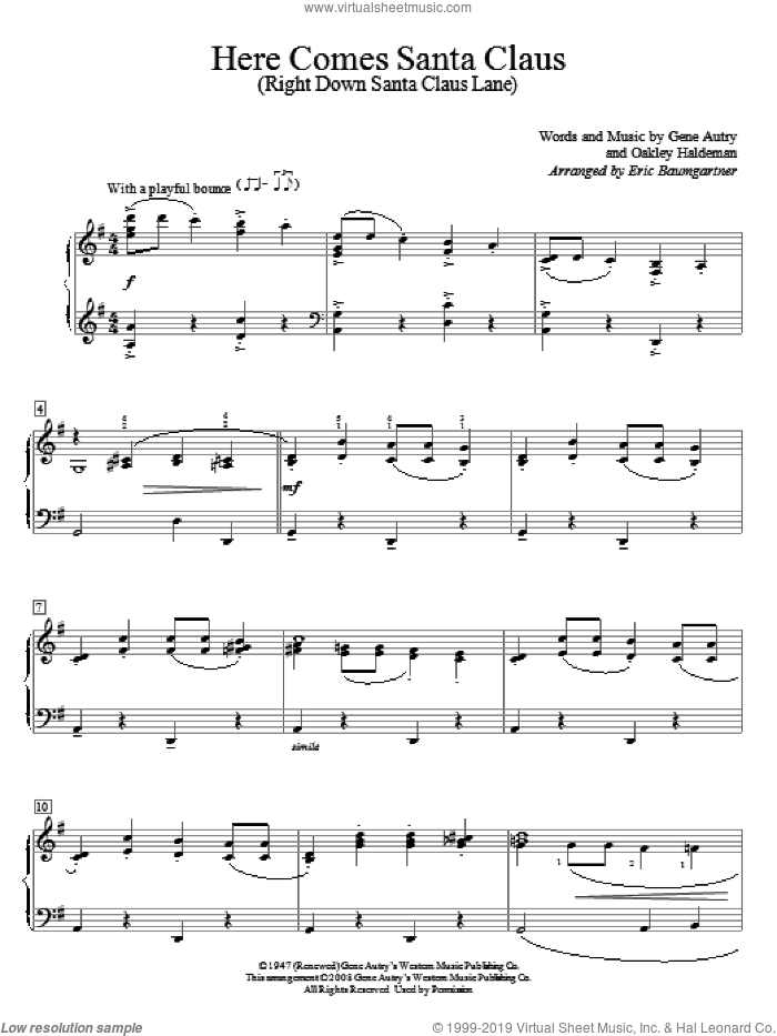 Here Comes Santa Claus (Right Down Santa Claus Lane), (beginner) sheet music for piano solo (elementary) by Gene Autry, Eric Baumgartner and Oakley Haldeman, beginner piano (elementary)
