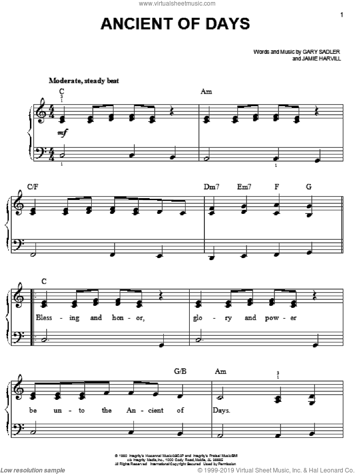 Ancient Of Days, (easy) sheet music for piano solo by Ron Kenoly, Petra, Gary Sadler and Jamie Harvill, easy skill level