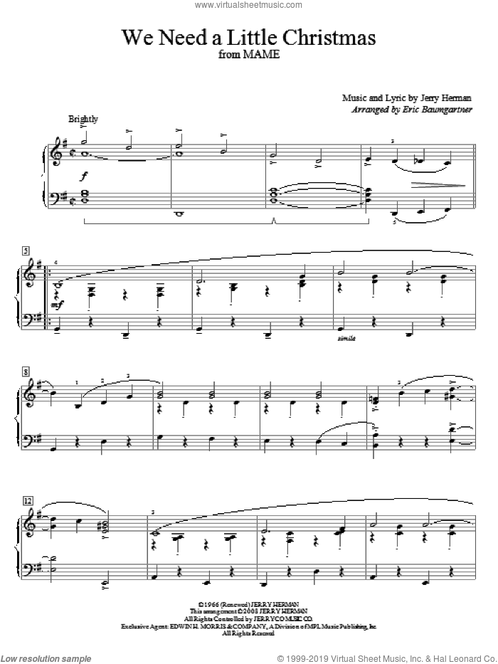 We Need A Little Christmas, (beginner) sheet music for piano solo (elementary) by Angela Lansbury, Eric Baumgartner, Mame (Musical) and Jerry Herman, beginner piano (elementary)