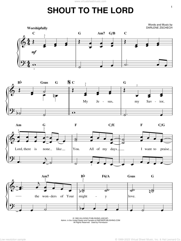 Shout To The Lord, (easy) sheet music for piano solo by Hillsong, Carman and Darlene Zschech, easy skill level