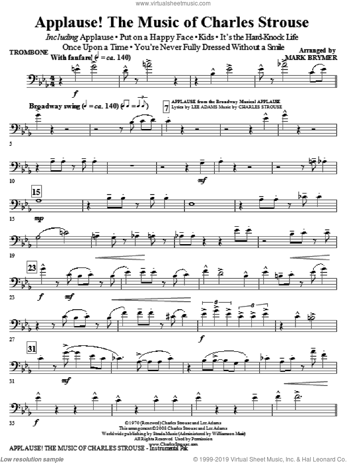 Applause!, the music of charles strouse (medley) sheet music for orchestra/band (trombone) by Charles Strouse, Lee Adams and Mark Brymer, intermediate skill level
