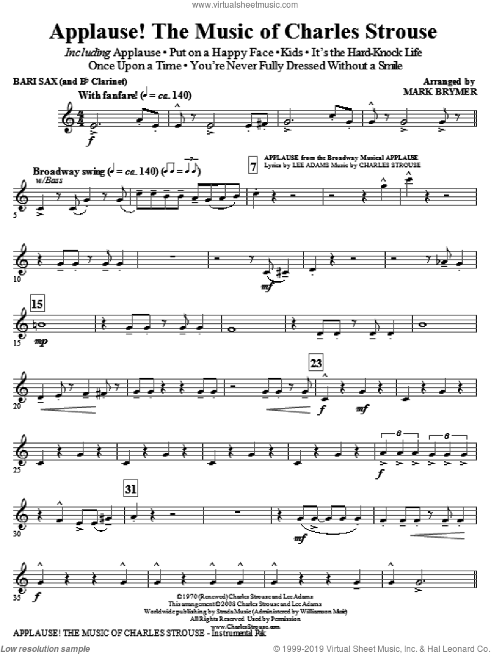 Applause!, the music of charles strouse (medley) sheet music for orchestra/band (baritone sax) by Charles Strouse, Lee Adams and Mark Brymer, intermediate skill level