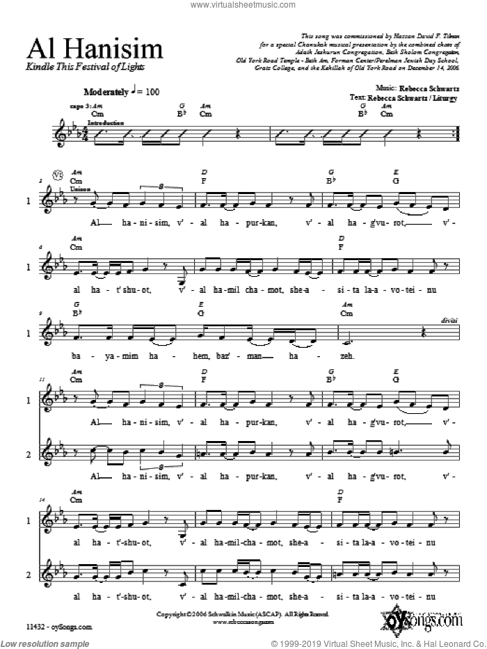 Al Hanisim sheet music for choir (3-Part Mixed) by Rebecca Schwartz, intermediate skill level
