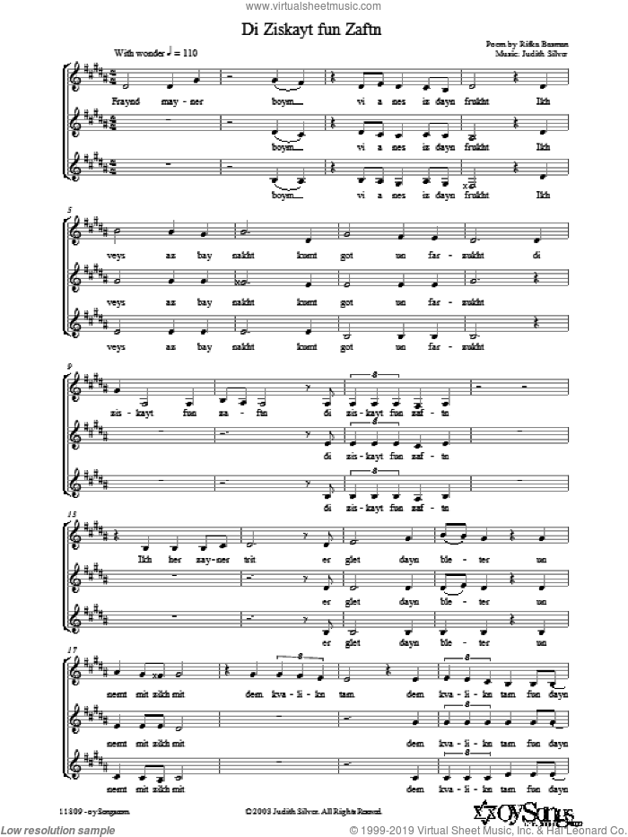Di Ziskayt fun Zaftn sheet music for choir (3-Part Mixed) by Judith Silver, intermediate skill level
