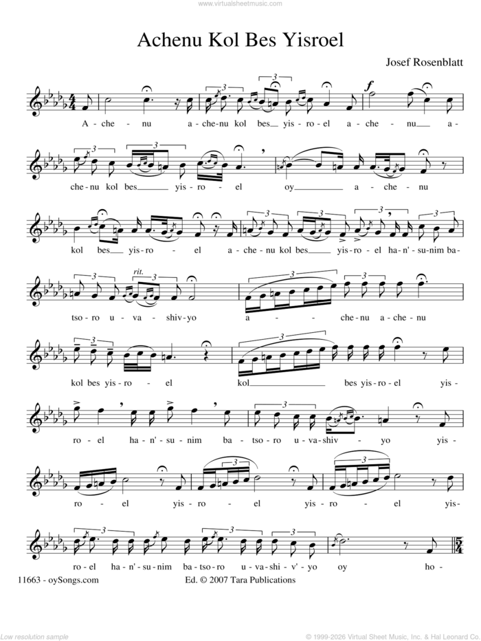 Achenu Kol Bes Yisroel sheet music for voice and other instruments (solo) by Yossele Rosenblatt, intermediate skill level