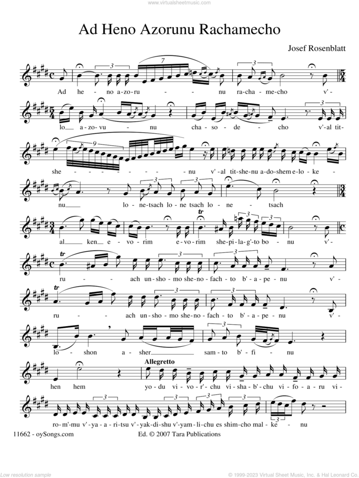 Ad Heno Azorunu Rachamecho sheet music for voice and other instruments (solo) by Yossele Rosenblatt, intermediate skill level