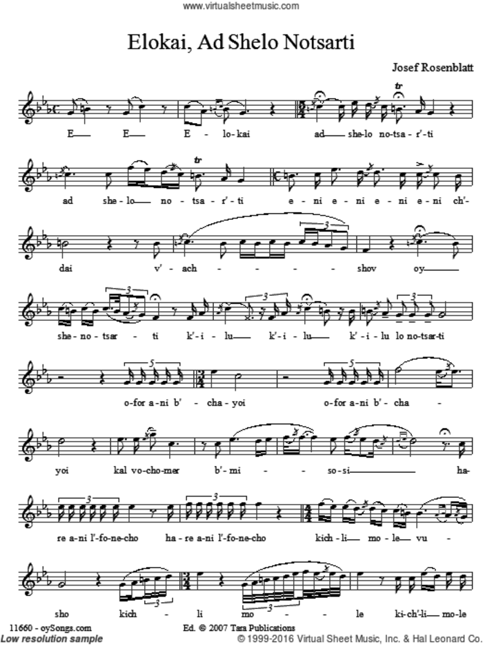 Elokai Ad Shelo Notsarti sheet music for voice and piano (Solo ) by Yossele Rosenblatt, intermediate skill level