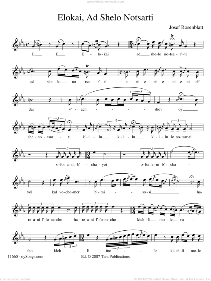 Elokai Ad Shelo Notsarti sheet music for voice and piano (Solo ) by Yossele Rosenblatt, intermediate skill level