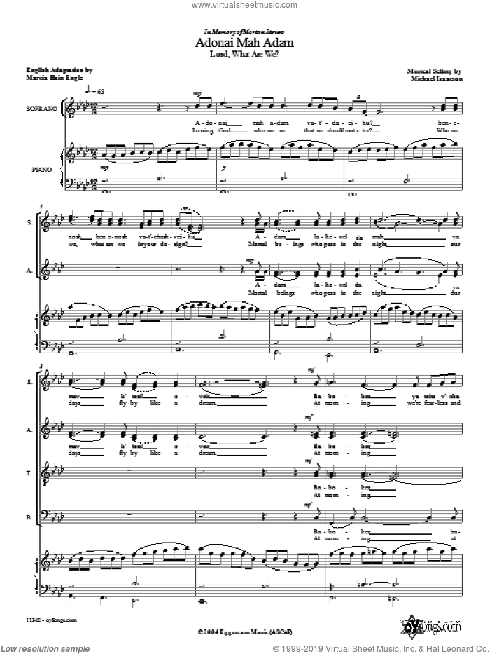 Adonai Mah Adam sheet music for choir (SATB: soprano, alto, tenor, bass) by Michael Isaacson, intermediate skill level