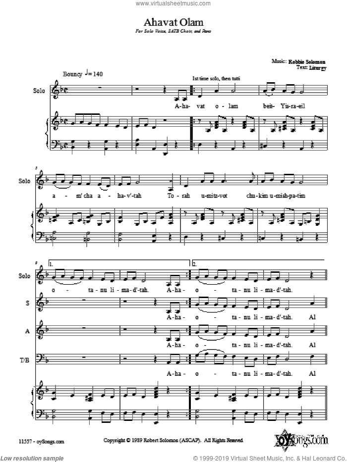 Ahavat Olam sheet music for choir (SATB: soprano, alto, tenor, bass) by Robbie Solomon, intermediate skill level
