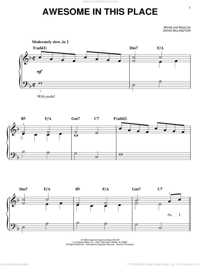 Awesome In This Place sheet music for piano solo by David Billington, easy skill level