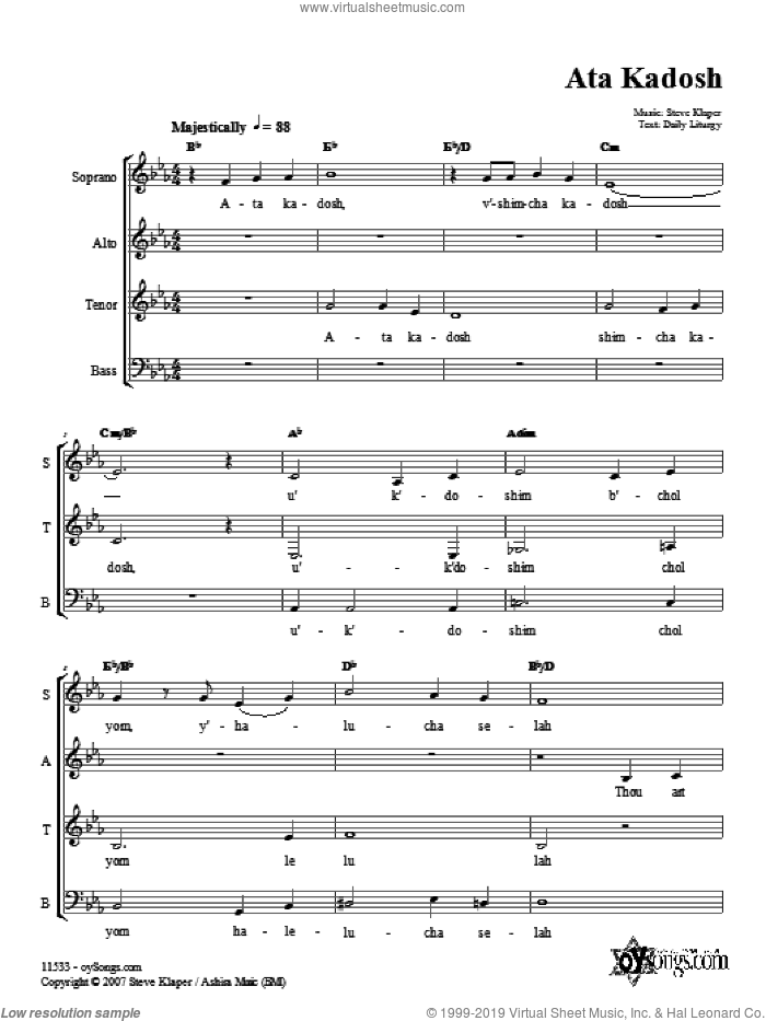 Ata Kadosh sheet music for choir (SATB: soprano, alto, tenor, bass) by Steve Klaper, intermediate skill level
