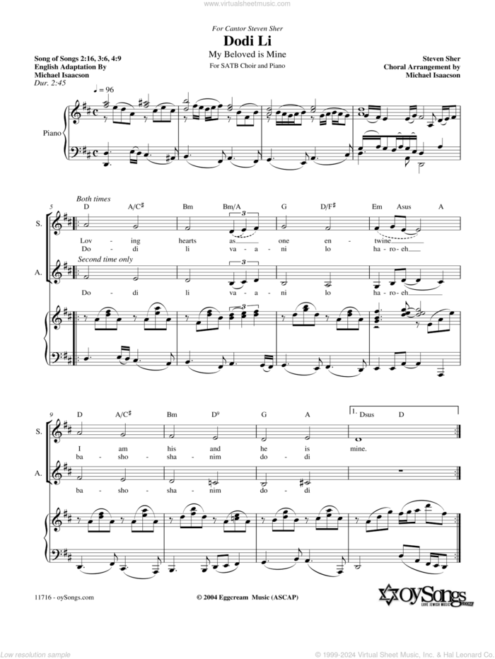 Dodi Li sheet music for choir (SATB: soprano, alto, tenor, bass) by Michael Isaacson and Steven Sher, intermediate skill level