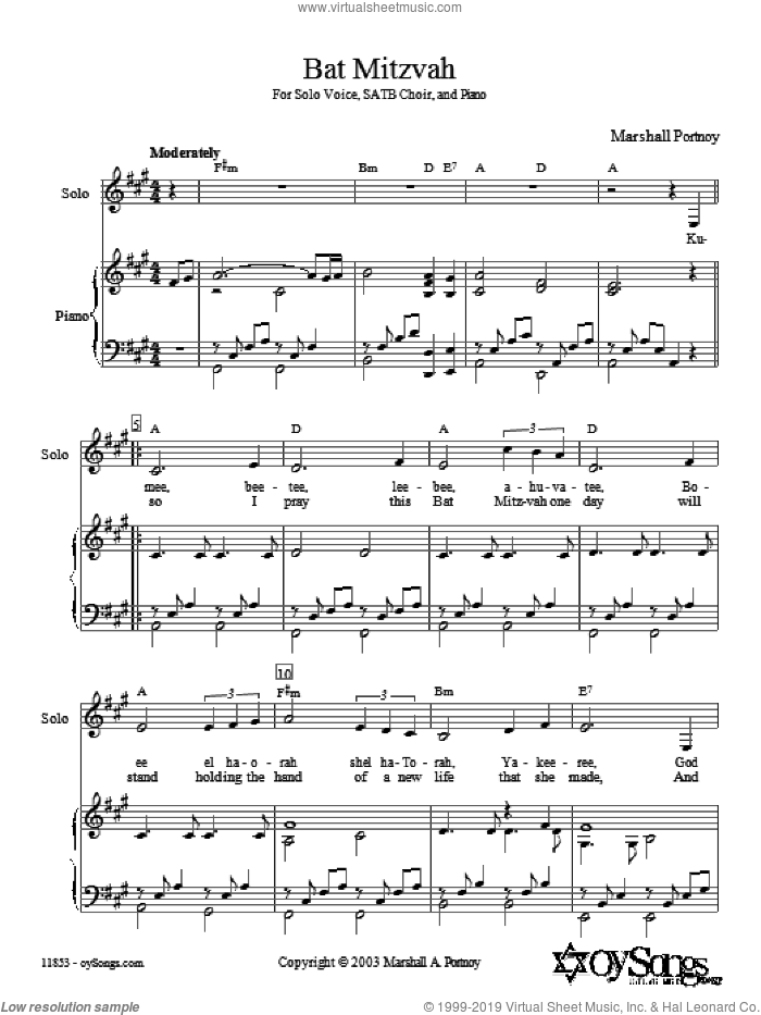 Bat Mitzvah sheet music for choir (SSA: soprano, alto) by Marshall Portnoy, intermediate skill level