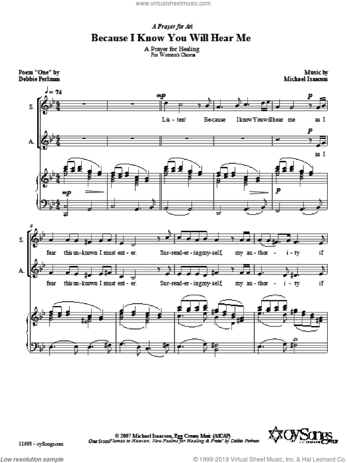 Because I Know You Will Hear Me sheet music for choir (SSA: soprano, alto) by Michael Isaacson and Debbie Perlman, intermediate skill level