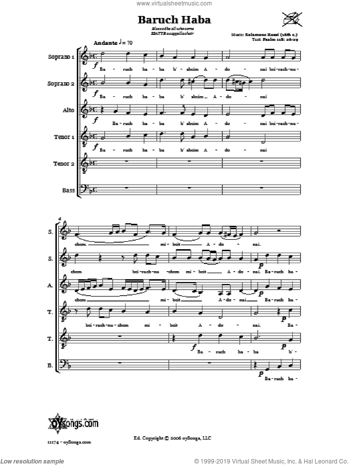 Baruch Haba (Blessed be all who come) sheet music for choir (SSATTB) by Salamone Rossi, intermediate skill level