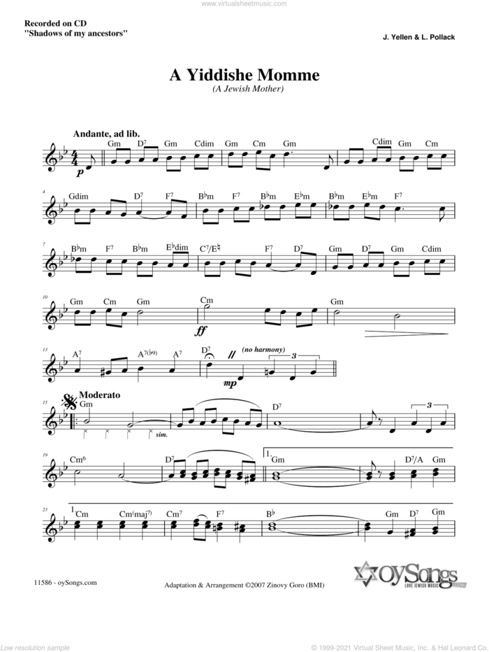 A Yiddishe Momme sheet music for voice and other instruments (fake book) by Zinovy Goro, intermediate skill level