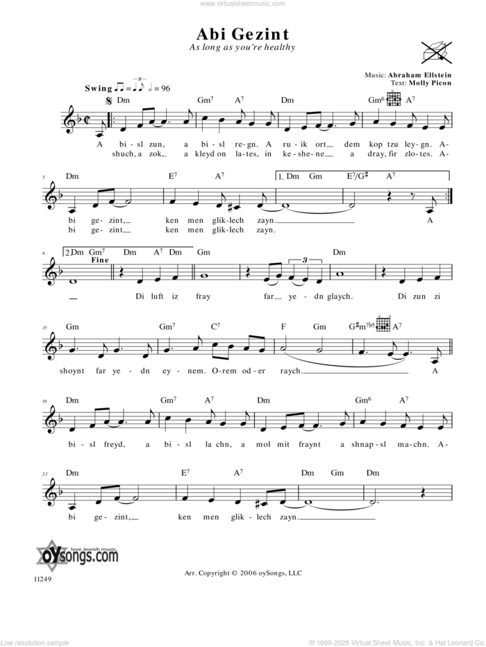Abi Gezint (As Long As You're Healthy) sheet music for voice and other instruments (fake book) by Abraham Ellstein, intermediate skill level