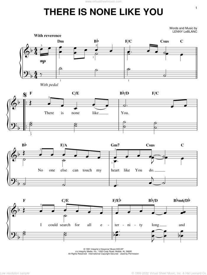 There Is None Like You sheet music for piano solo by Lenny LeBlanc, easy skill level