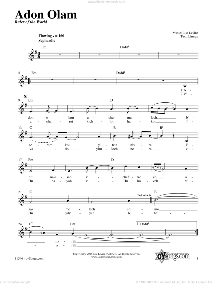 Adon Olam sheet music for voice and other instruments (fake book) by Lisa Levine, intermediate skill level