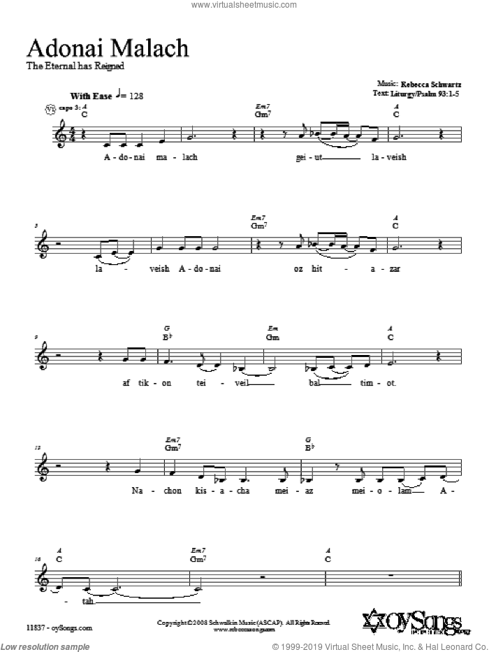 Adonai Malach sheet music for voice and other instruments (fake book) by Rebecca Schwartz, intermediate skill level