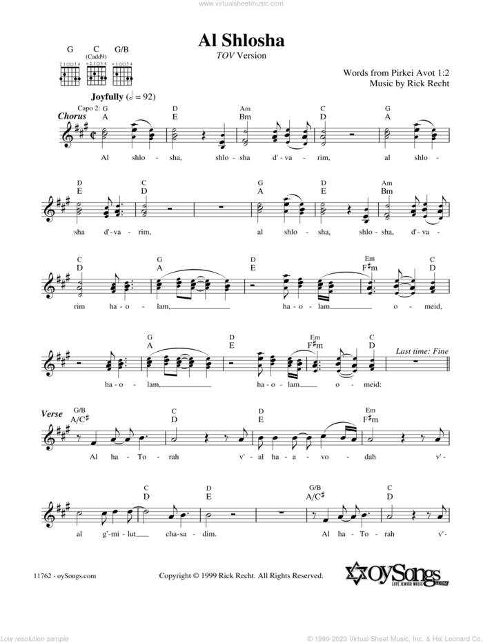 Al Shlosha (Tov Version) sheet music for voice and other instruments (fake book) by Rick Recht, intermediate skill level