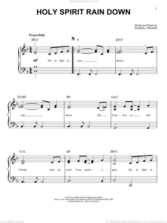 Holy Spirit Rain Down, (easy) sheet music for piano solo by Russell Fragar and Hillsong, easy skill level