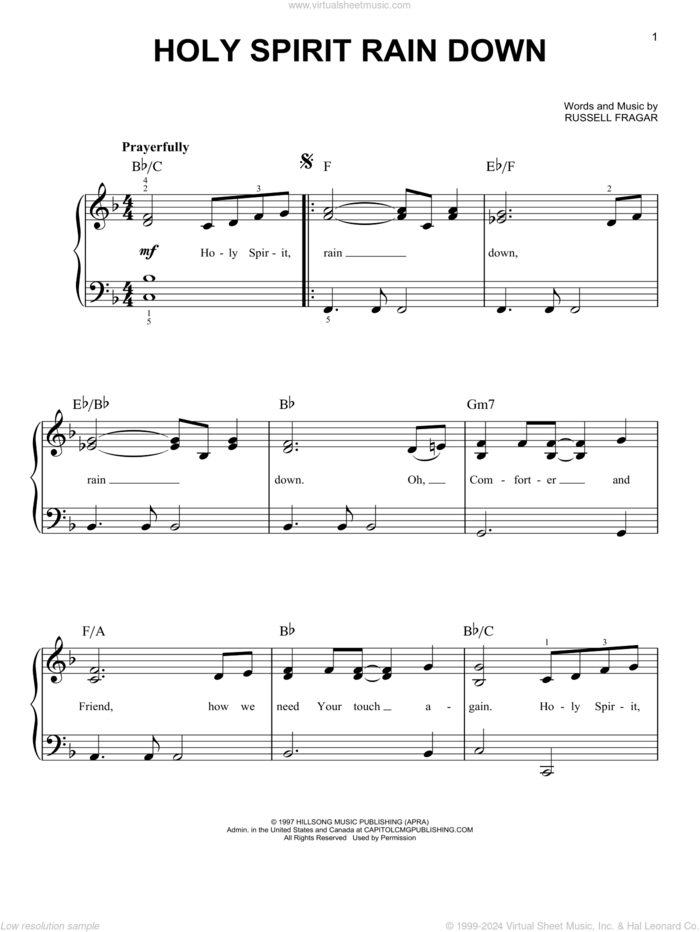 Holy Spirit Rain Down, (easy) sheet music for piano solo by Russell Fragar and Hillsong, easy skill level