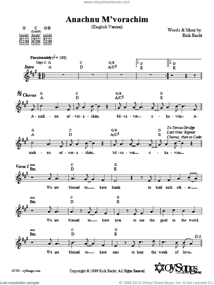 Anachnu M'vorachim sheet music for voice and other instruments (fake book) by Rick Recht, intermediate skill level