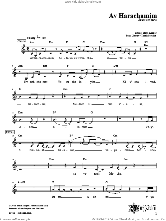 Av Harachamim sheet music for voice and other instruments (fake book) by Steve Klaper, intermediate skill level