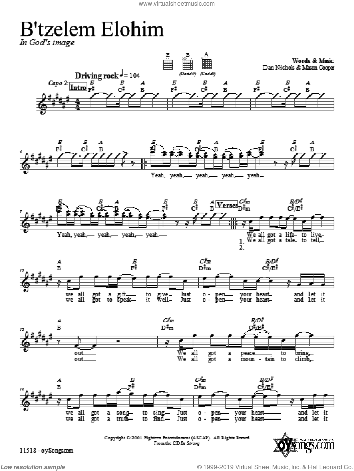 B'tzelem Elohim sheet music for voice and other instruments (fake book) by Dan Nichols, intermediate skill level