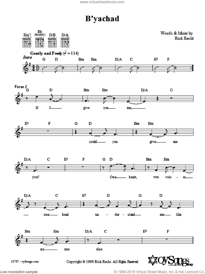 B'yachad sheet music for voice and other instruments (fake book) by Rick Recht, intermediate skill level