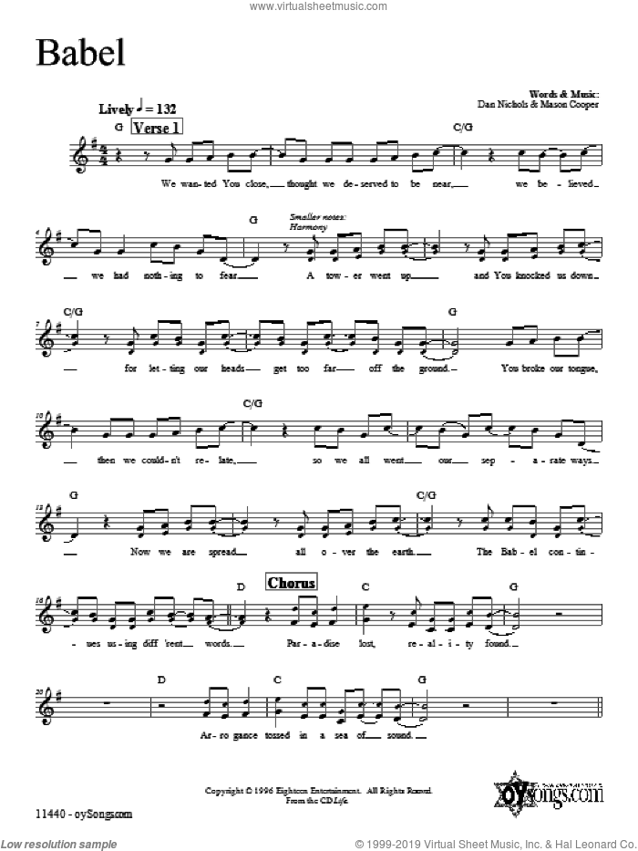 Babel sheet music for voice and other instruments (fake book) by Dan Nichols, intermediate skill level