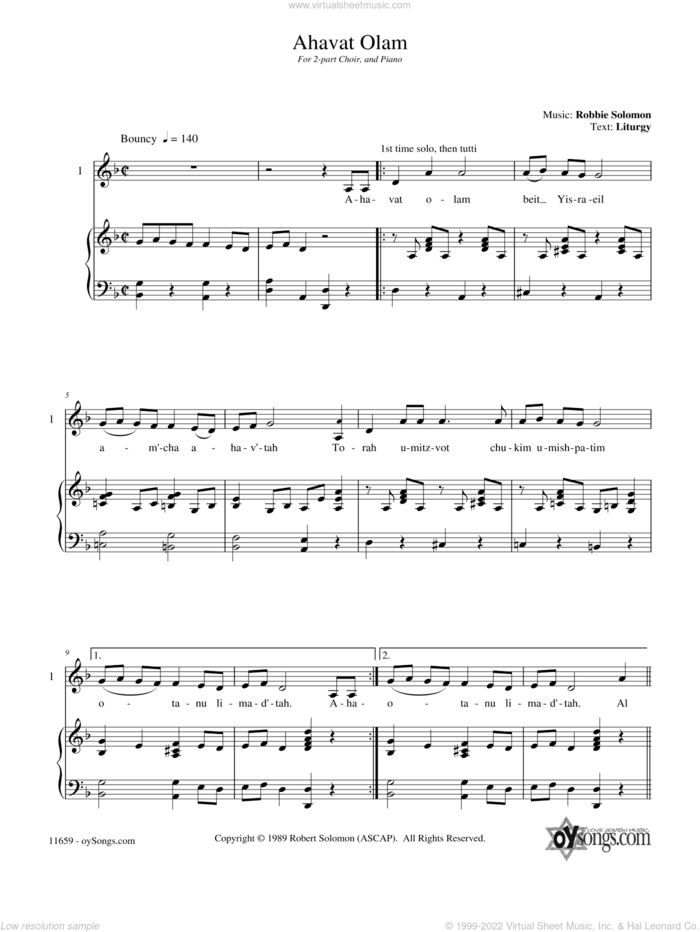 Ahavat Olam sheet music for choir (2-Part) by Robbie Solomon, intermediate duet
