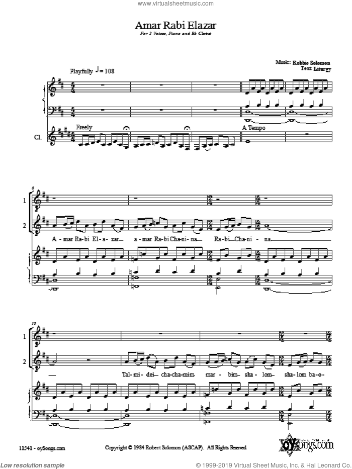 Amar Rabi Elazar sheet music for choir (2-Part) by Robbie Solomon, intermediate duet