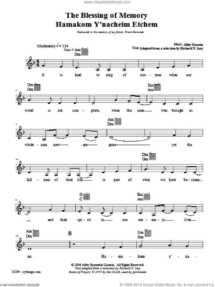 Blessing of Memory sheet music for voice and other instruments (fake book) by Abby Gostein, intermediate skill level